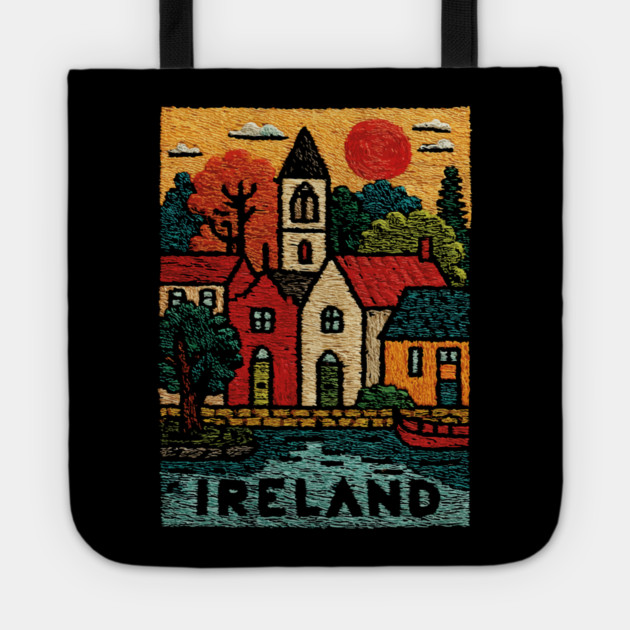 Quaint Irish Village Linocut Print | Emerald Isle Travel Souvenir Tote by TuncGK