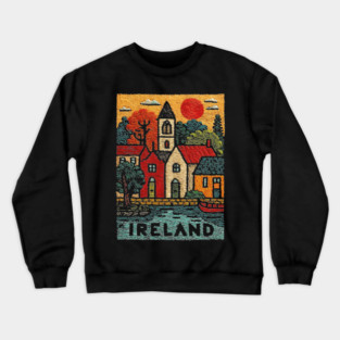 Quaint Irish Village Linocut Print | Emerald Isle Travel Souvenir Crewneck Sweatshirt