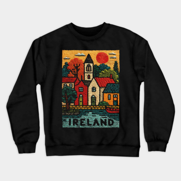 Quaint Irish Village Linocut Print | Emerald Isle Travel Souvenir Crewneck Sweatshirt by TuncGK