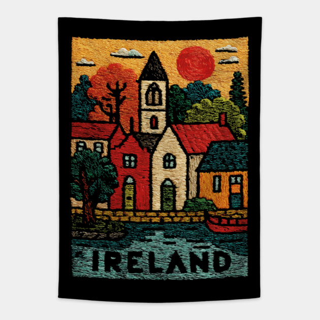 Quaint Irish Village Linocut Print | Emerald Isle Travel Souvenir Tapestry by TuncGK