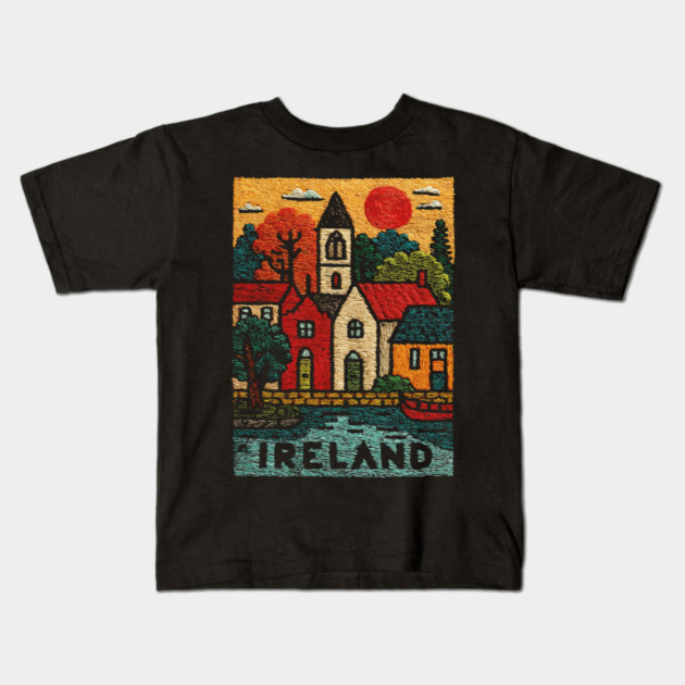 Quaint Irish Village Linocut Print | Emerald Isle Travel Souvenir Kids T-Shirt by TuncGK