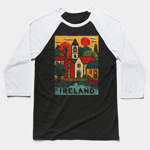 Quaint Irish Village Linocut Print | Emerald Isle Travel Souvenir Baseball T-Shirt by TuncGK