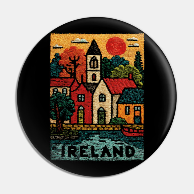 Quaint Irish Village Linocut Print | Emerald Isle Travel Souvenir Pin by TuncGK