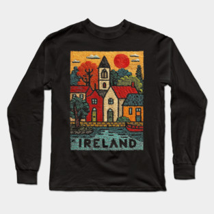 Quaint Irish Village Linocut Print | Emerald Isle Travel Souvenir Long Sleeve T-Shirt