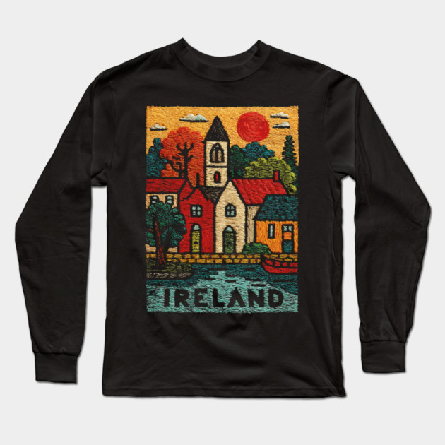 Quaint Irish Village Linocut Print | Emerald Isle Travel Souvenir Long Sleeve T-Shirt by TuncGK
