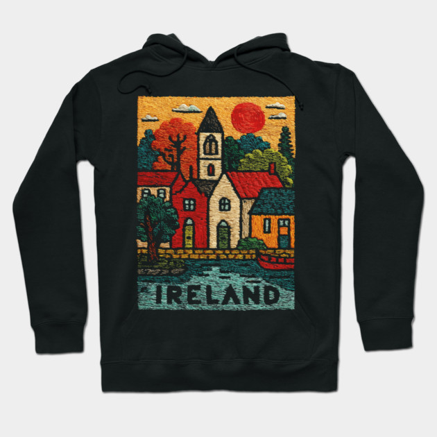 Quaint Irish Village Linocut Print | Emerald Isle Travel Souvenir Hoodie by TuncGK