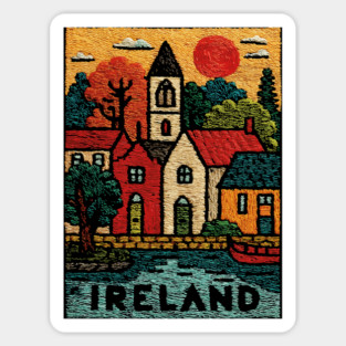 Quaint Irish Village Linocut Print | Emerald Isle Travel Souvenir Sticker