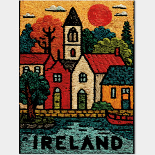 Quaint Irish Village Linocut Print | Emerald Isle Travel Souvenir Posters and Art