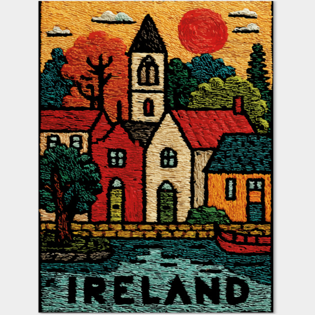 Quaint Irish Village Linocut Print | Emerald Isle Travel Souvenir Wall Art by TuncGK
