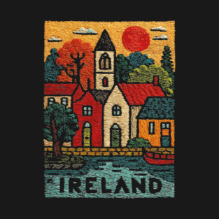 Quaint Irish Village Linocut Print | Emerald Isle Travel Souvenir T-Shirt