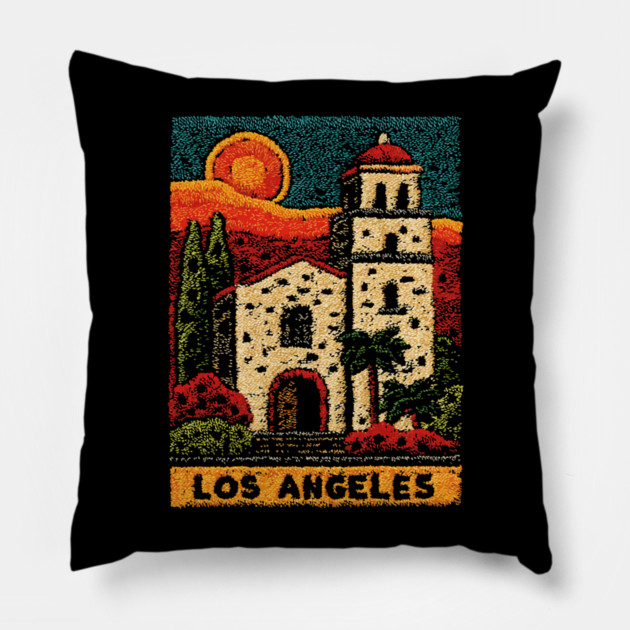 California Mission Linocut Print | Vintage Los Angeles Souvenir Pillow by TuncGK