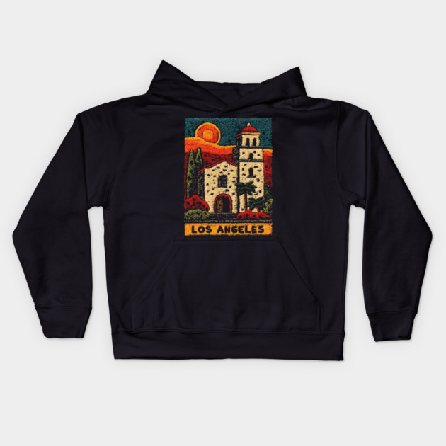 California Mission Linocut Print | Vintage Los Angeles Souvenir Kids Hoodie by TuncGK