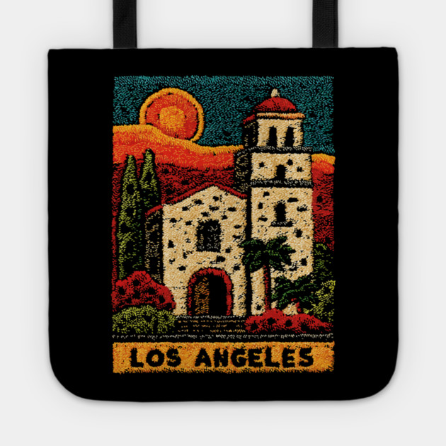 California Mission Linocut Print | Vintage Los Angeles Souvenir Tote by TuncGK