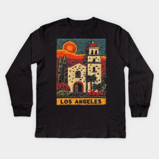 California Mission Linocut Print | Vintage Los Angeles Souvenir Kids Long Sleeve T-Shirt