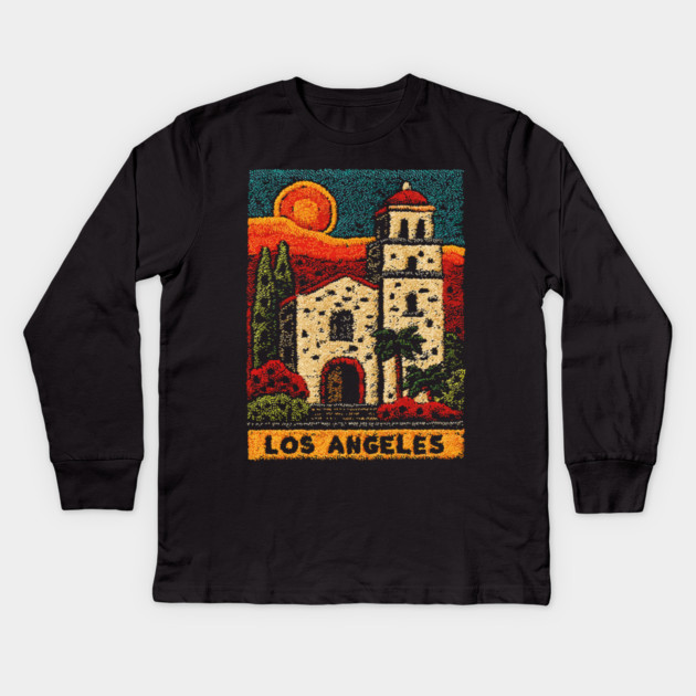 California Mission Linocut Print | Vintage Los Angeles Souvenir Kids Long Sleeve T-Shirt by TuncGK