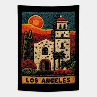 California Mission Linocut Print | Vintage Los Angeles Souvenir Tapestry