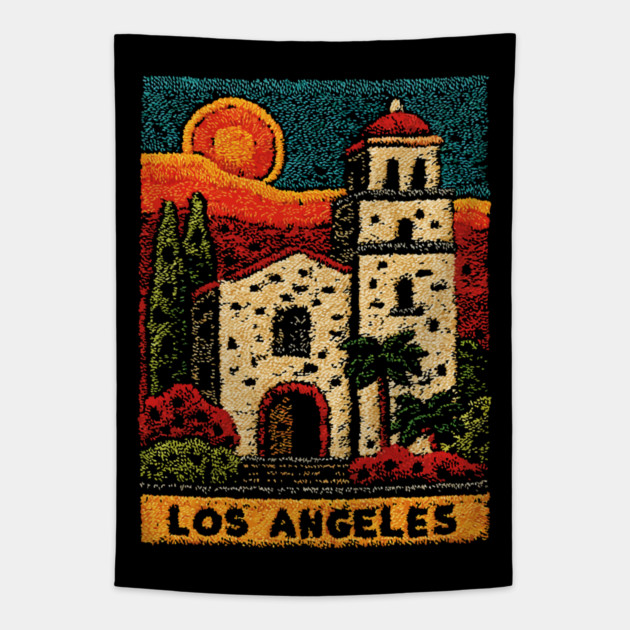 California Mission Linocut Print | Vintage Los Angeles Souvenir Tapestry by TuncGK