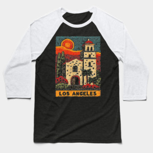 California Mission Linocut Print | Vintage Los Angeles Souvenir Baseball T-Shirt