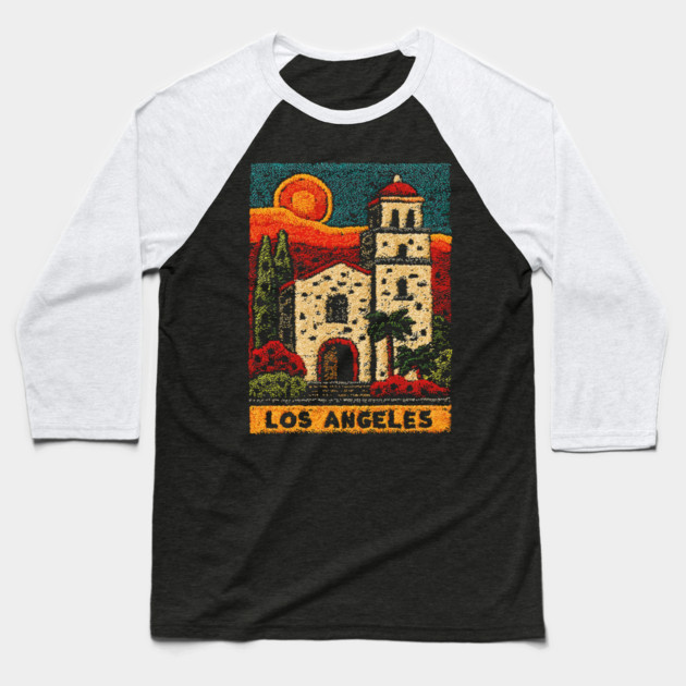 California Mission Linocut Print | Vintage Los Angeles Souvenir Baseball T-Shirt by TuncGK