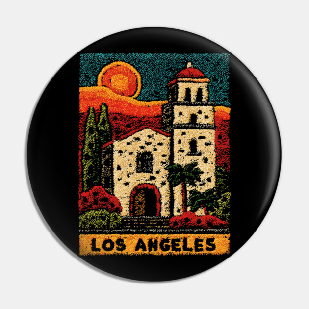 California Mission Linocut Print | Vintage Los Angeles Souvenir Pin by TuncGK