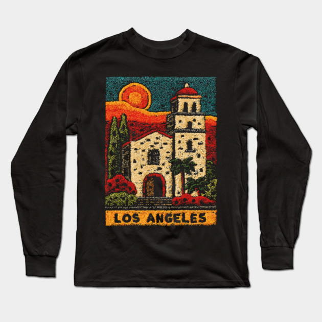 California Mission Linocut Print | Vintage Los Angeles Souvenir Long Sleeve T-Shirt by TuncGK
