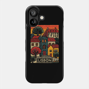 Lisbon Alfama District Linocut Print | Retro Portugal Hills Souvenir Phone Case