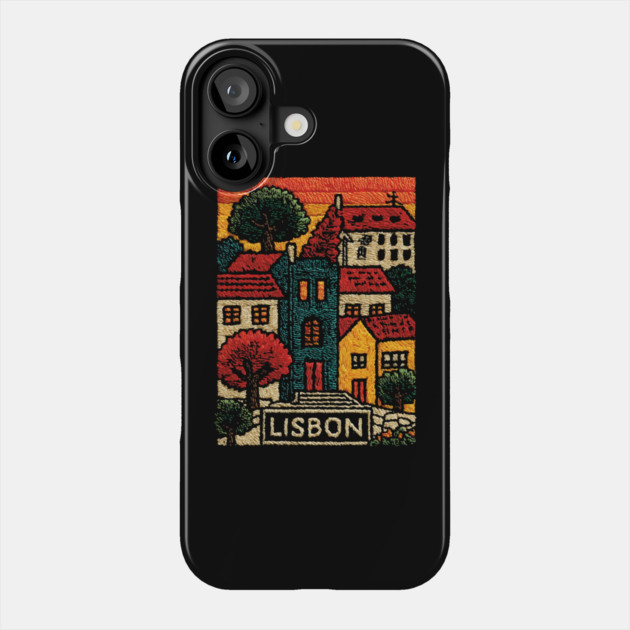 Lisbon Alfama District Linocut Print | Retro Portugal Hills Souvenir Phone Case by TuncGK