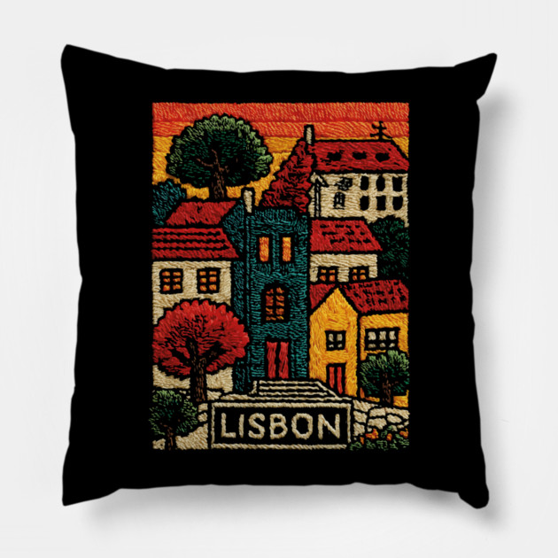Lisbon Alfama District Linocut Print | Retro Portugal Hills Souvenir Pillow by TuncGK