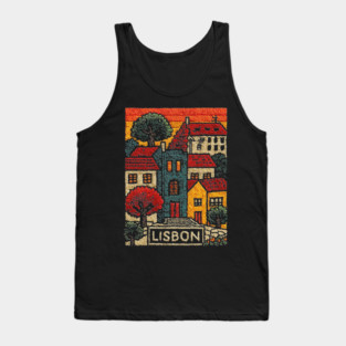 Lisbon Alfama District Linocut Print | Retro Portugal Hills Souvenir Tank Top