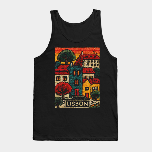 Lisbon Alfama District Linocut Print | Retro Portugal Hills Souvenir Tank Top by TuncGK