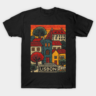 Lisbon Alfama District Linocut Print | Retro Portugal Hills Souvenir T-Shirt