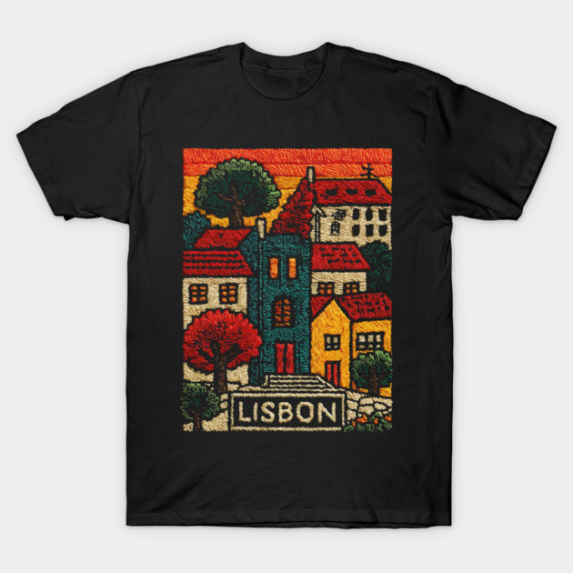 Lisbon Alfama District Linocut Print | Retro Portugal Hills Souvenir T-Shirt by TuncGK
