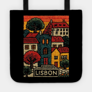 Lisbon Alfama District Linocut Print | Retro Portugal Hills Souvenir Tote