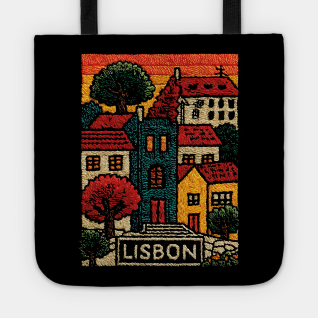 Lisbon Alfama District Linocut Print | Retro Portugal Hills Souvenir Tote by TuncGK