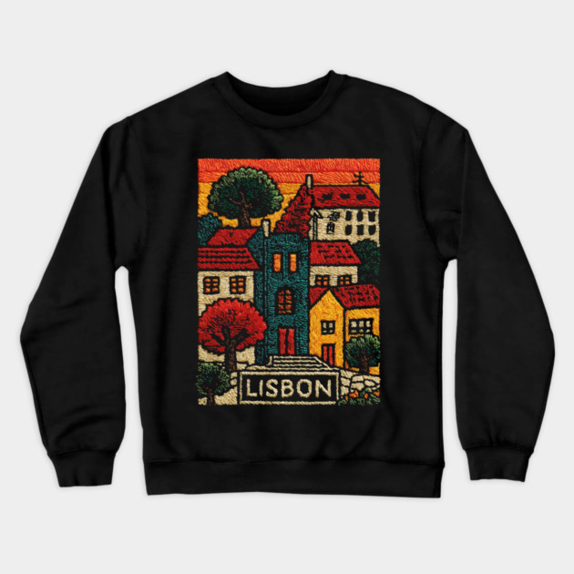 Lisbon Alfama District Linocut Print | Retro Portugal Hills Souvenir Crewneck Sweatshirt by TuncGK