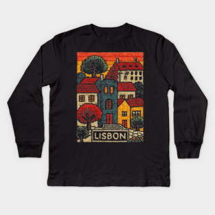 Lisbon Alfama District Linocut Print | Retro Portugal Hills Souvenir Kids Long Sleeve T-Shirt
