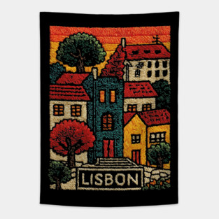 Lisbon Alfama District Linocut Print | Retro Portugal Hills Souvenir Tapestry