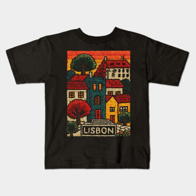 Lisbon Alfama District Linocut Print | Retro Portugal Hills Souvenir Kids T-Shirt by TuncGK