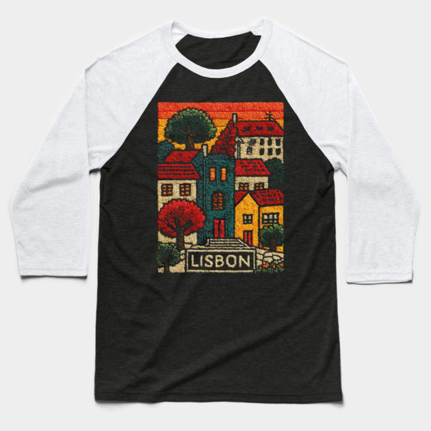 Lisbon Alfama District Linocut Print | Retro Portugal Hills Souvenir Baseball T-Shirt by TuncGK