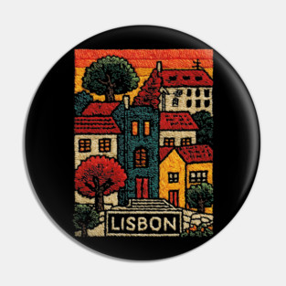 Lisbon Alfama District Linocut Print | Retro Portugal Hills Souvenir Pin