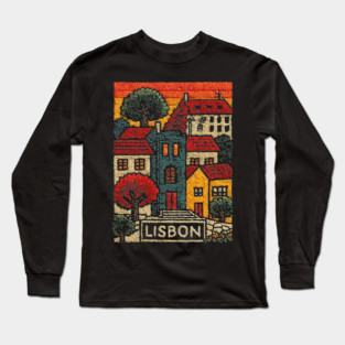 Lisbon Alfama District Linocut Print | Retro Portugal Hills Souvenir Long Sleeve T-Shirt