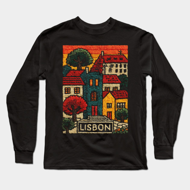 Lisbon Alfama District Linocut Print | Retro Portugal Hills Souvenir Long Sleeve T-Shirt by TuncGK