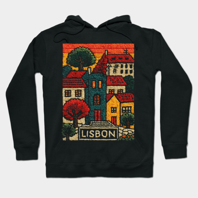 Lisbon Alfama District Linocut Print | Retro Portugal Hills Souvenir Hoodie by TuncGK