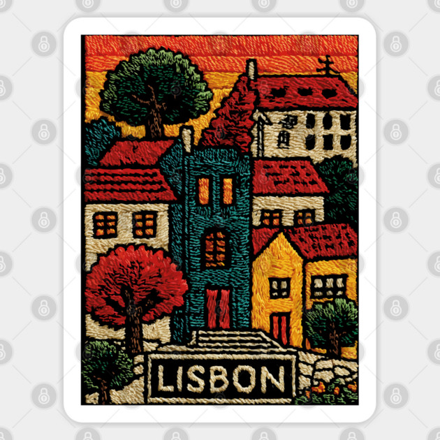 Lisbon Alfama District Linocut Print | Retro Portugal Hills Souvenir Sticker by TuncGK
