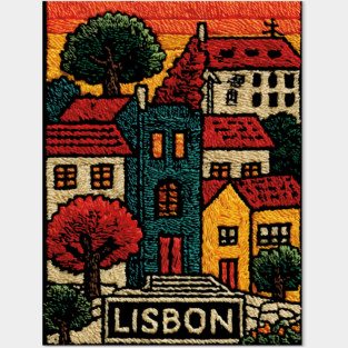 Lisbon Alfama District Linocut Print | Retro Portugal Hills Souvenir Posters and Art
