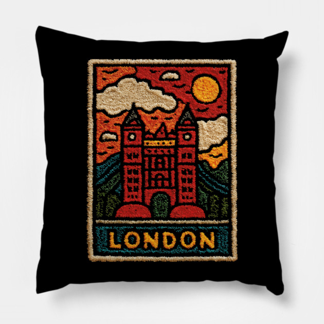 Tower Bridge London Linocut Art | Retro UK Landmark Souvenir Pillow by TuncGK