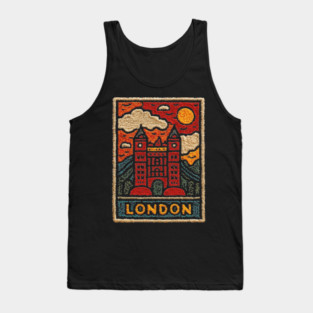 Tower Bridge London Linocut Art | Retro UK Landmark Souvenir Tank Top