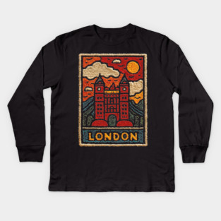 Tower Bridge London Linocut Art | Retro UK Landmark Souvenir Kids Long Sleeve T-Shirt