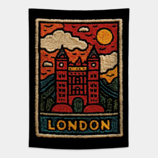 Tower Bridge London Linocut Art | Retro UK Landmark Souvenir Tapestry