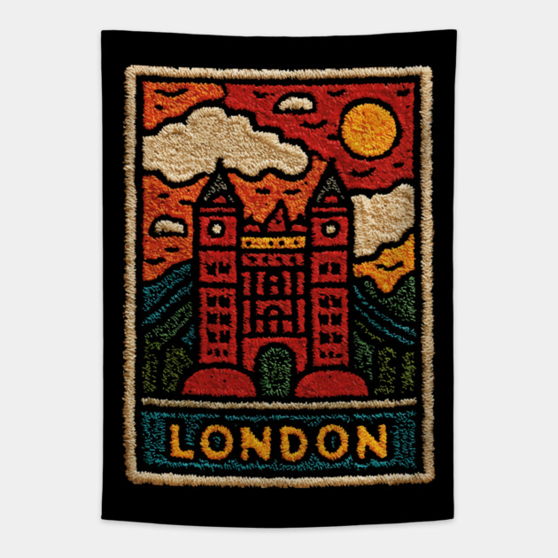 Tower Bridge London Linocut Art | Retro UK Landmark Souvenir Tapestry by TuncGK
